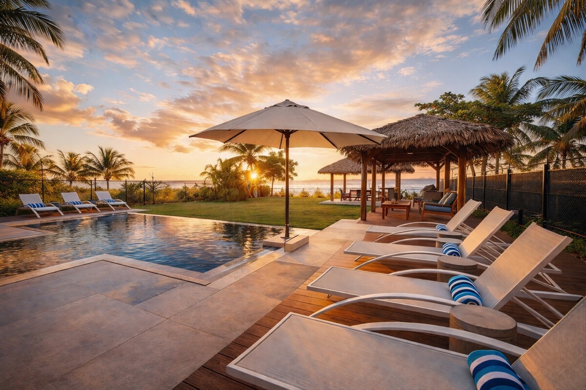 Pool deck and beach view at the Costa Rica villa